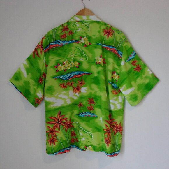 Hawaiian Shirt Floral Palm Trees Button Down Bright Colours Green Orange Size XL - Picture 9 of 12